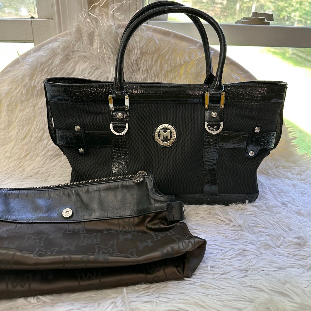 METROCITY Black Nylon & Croc Embossed Leather Trim Tote Satchel w/ Liner Pouch